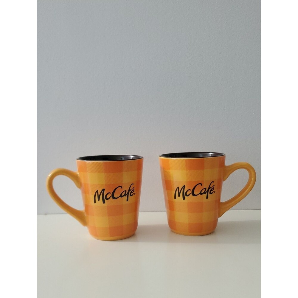 McCafe Orange Plaid Coffee Mugs 12 oz. Set Of 2